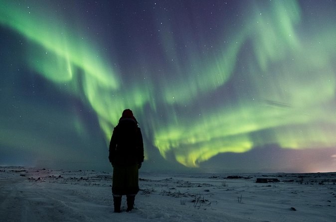 A lone figure in a long coat standing on snow under aurora curtains