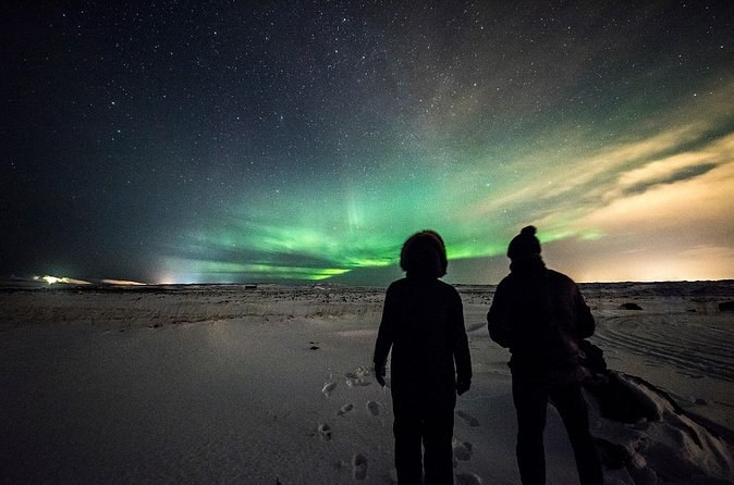 Two figures in silhouette watching a low green aurora from a dark shore